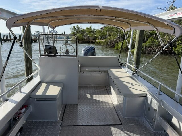 Interior seating and bimini on the Florida Landing Craft